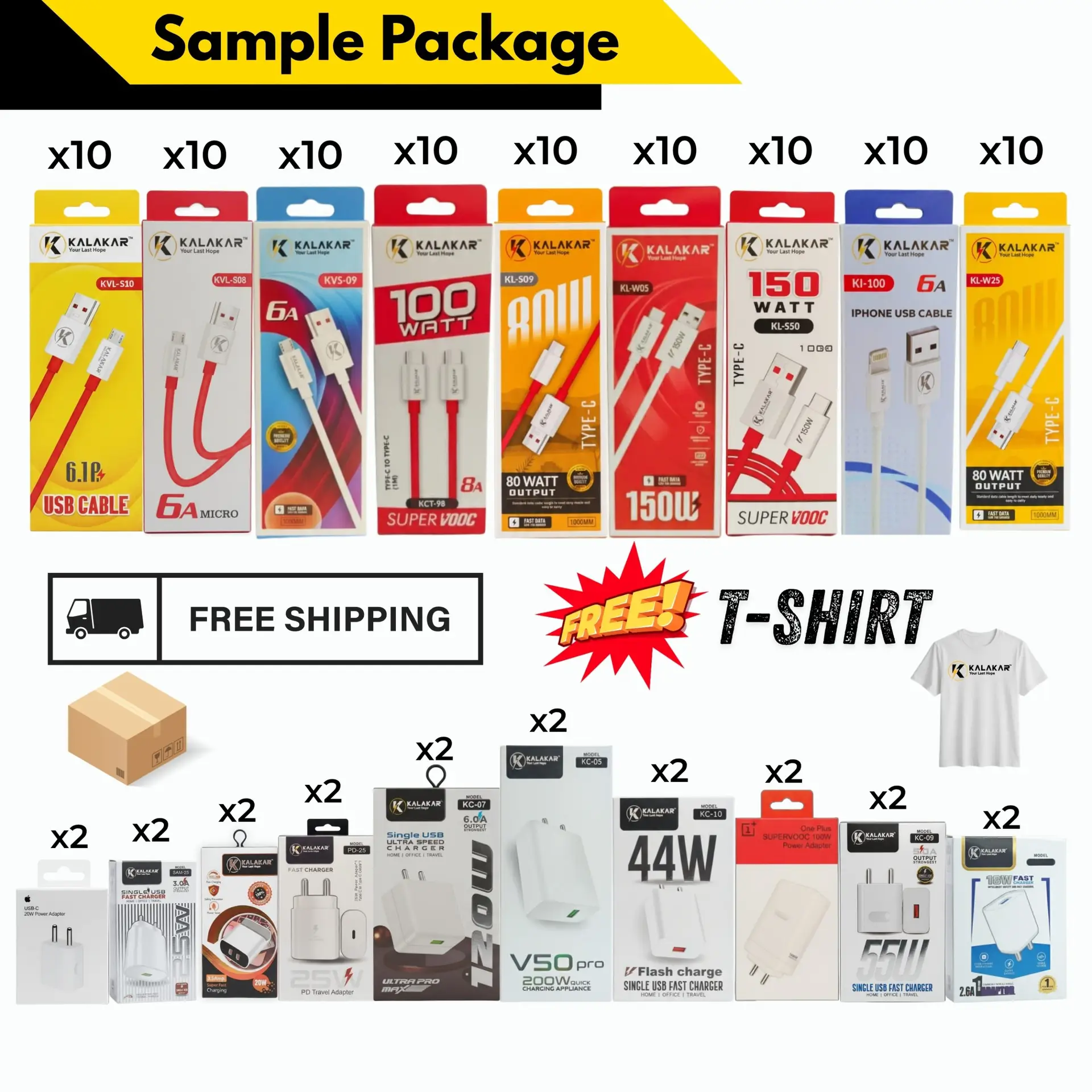 Kalakar Chargers Data Cables Sample Package | 20Pcs Chargers 90 Pcs Data Cables | Free Shipping+Free T-Shirt